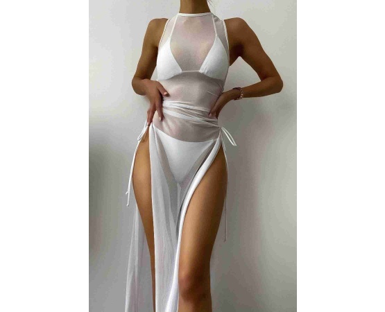 Angelsin Tül Pareo Plaj Elbisesi Beyaz