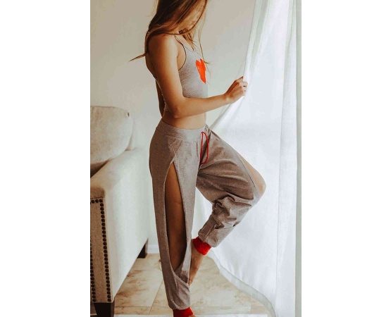 Merry See Özel Tasarım Dantel Kalp Tasarımlı Pijama Takım Gri