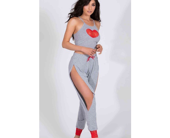 Merry See Özel Tasarım Dantel Kalp Tasarımlı Pijama Takım Gri